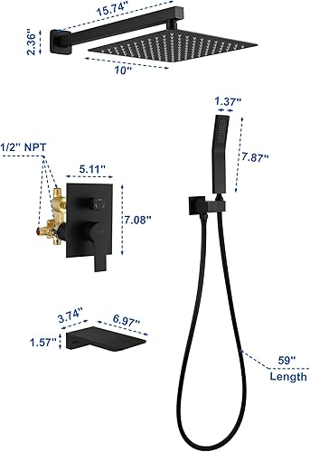 Miniatura 7 de SHAMANDA Sistema de ducha con boquilla de cascada y cabezal de ducha de mano, juego completo de grifo de ducha de lluvia de 10 pulgadas con válvula
