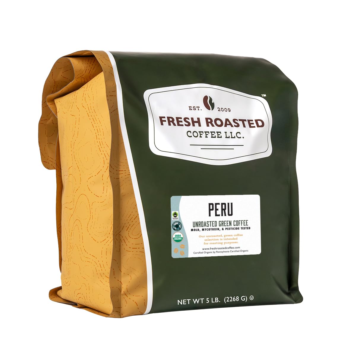 Fresh Roasted Coffee, Unroasted Organic Peru | USDA Organic, 100% Single Origin, Kosher | 5 Pound