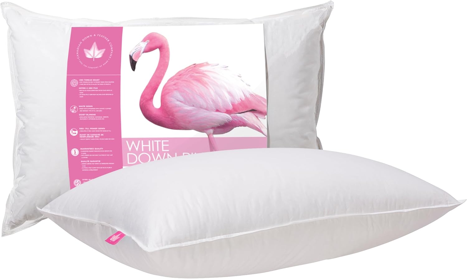 Canadian Down & Feather Co. - 1 Pack Medium Support White Down Pillow Standard Size - 260 TC Shell 100% Cotton - Filled in Canada