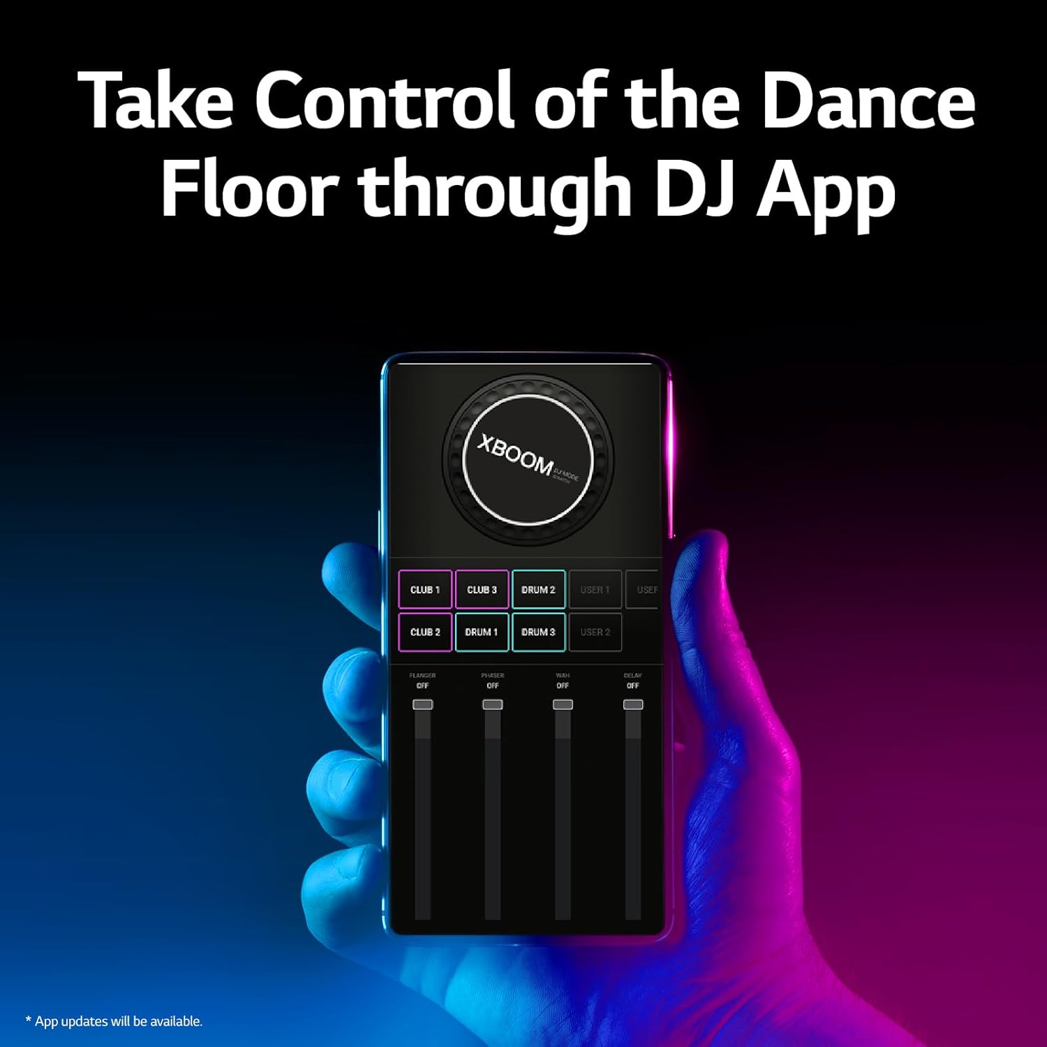 Smartphone displaying LG XBOOM DJ app interface