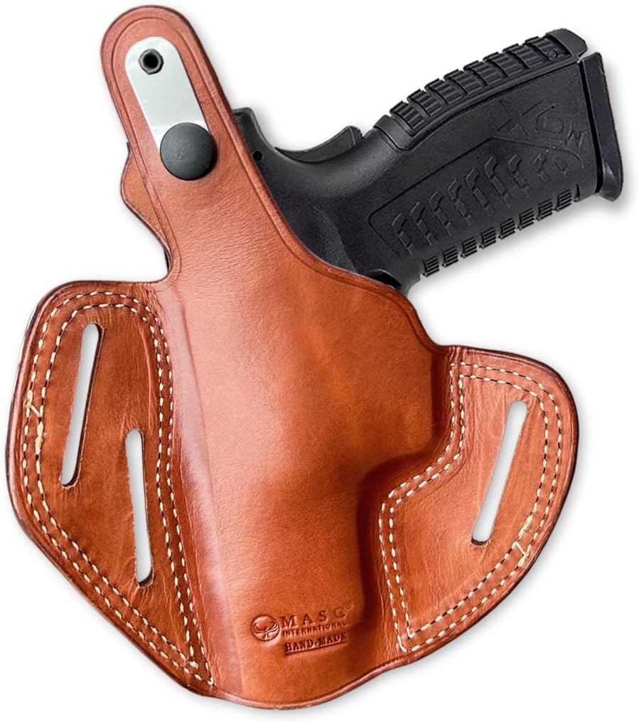 Premium Leather Three Slot Pancake OWB Holster with Thumb Break Fits XDM Full Size 4.5-inch. Right Hand Draw, Brown Color #1336#