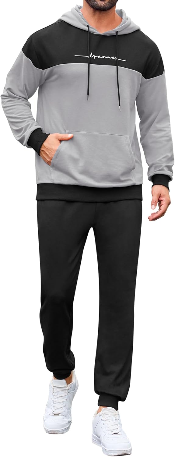 Babioboa Men's Hooded Tracksuit 2 Piece Color Block Fleece Sweatsuit Jogging Sport Suit Letter Hoodie and Sweatpant Set - Image 2