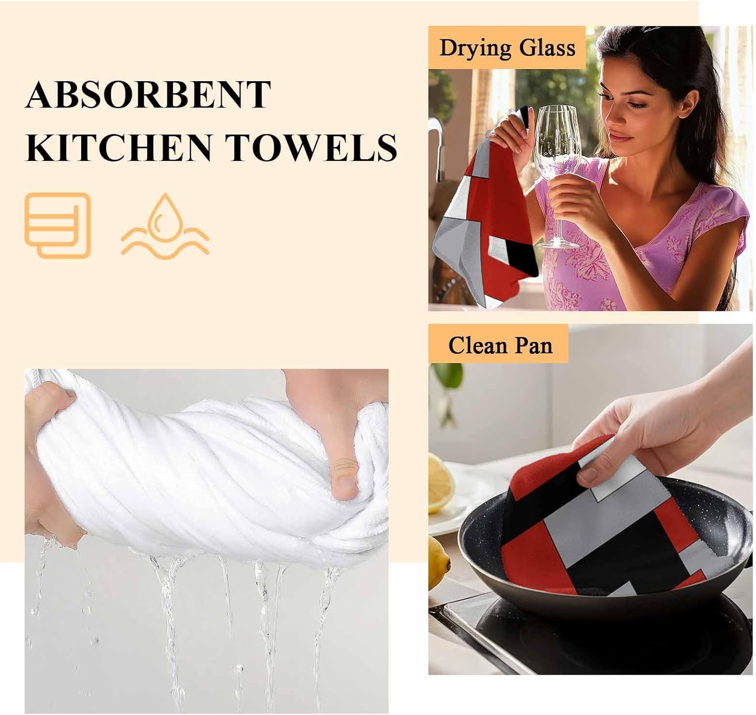 2 Packs Kitchen Towels and Dishcloths Sets, White Grey Black Red Abstract Irregular Geometric 18 x28 Inch Cotton Dish Towel, Absorbent Quick Drying Hand Towels for Living Room Kitchen Decor Tea Towel