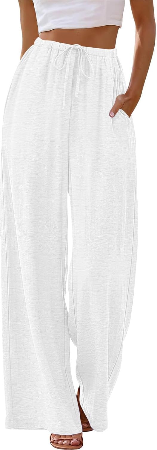 Women's Wide Leg Linen Pants Flowy Palazzo Drawstring Elastic Waist Summer Business Casual Beach Vacation Clothes - Image 5