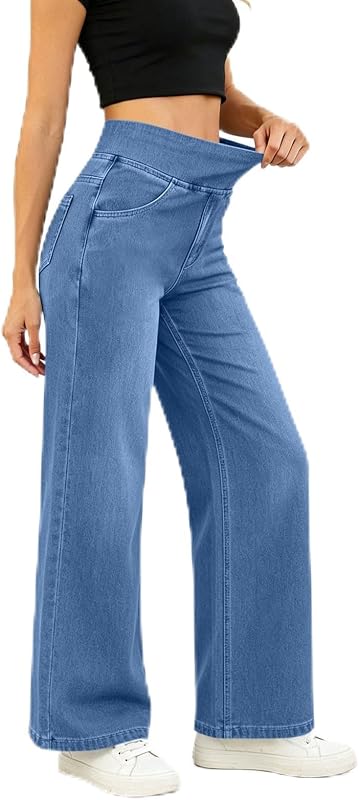 Womens Elastic Waist Wide Leg Casual Denim Jeans
