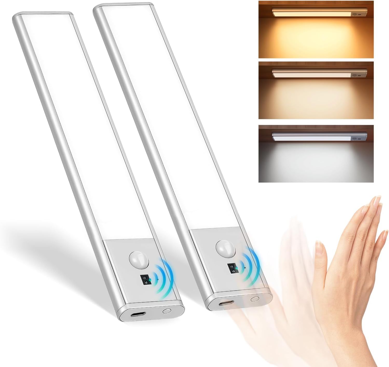 Under Cabinet Lighting with Hand Wave, 56 LED Motion Sensor Light, Rechargeable Closet Lights with 3 Color Temps, 9 Inch Dimming Magnetic Strip Night Lights for Kitchen, Wardrobe, Stairs (2 Pack)