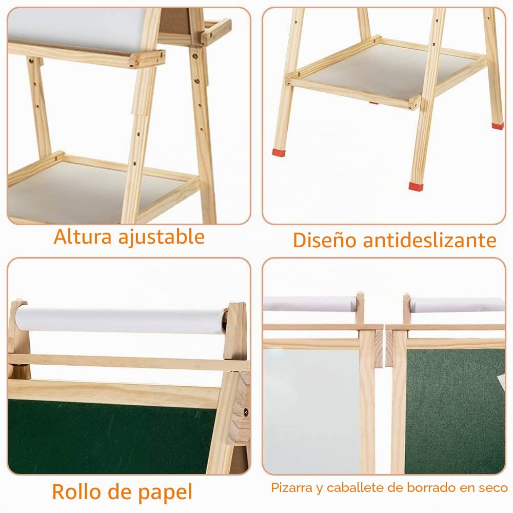 Caballete para Niños 3 en 1 con Rollo Papel, Doble Cara Pizarra blanca y Pizarras Caballete Pintura Infantil Caballete de Arte Altura Ajustable 95-115CM Pizarra de madera con Número y Otros Accesorios