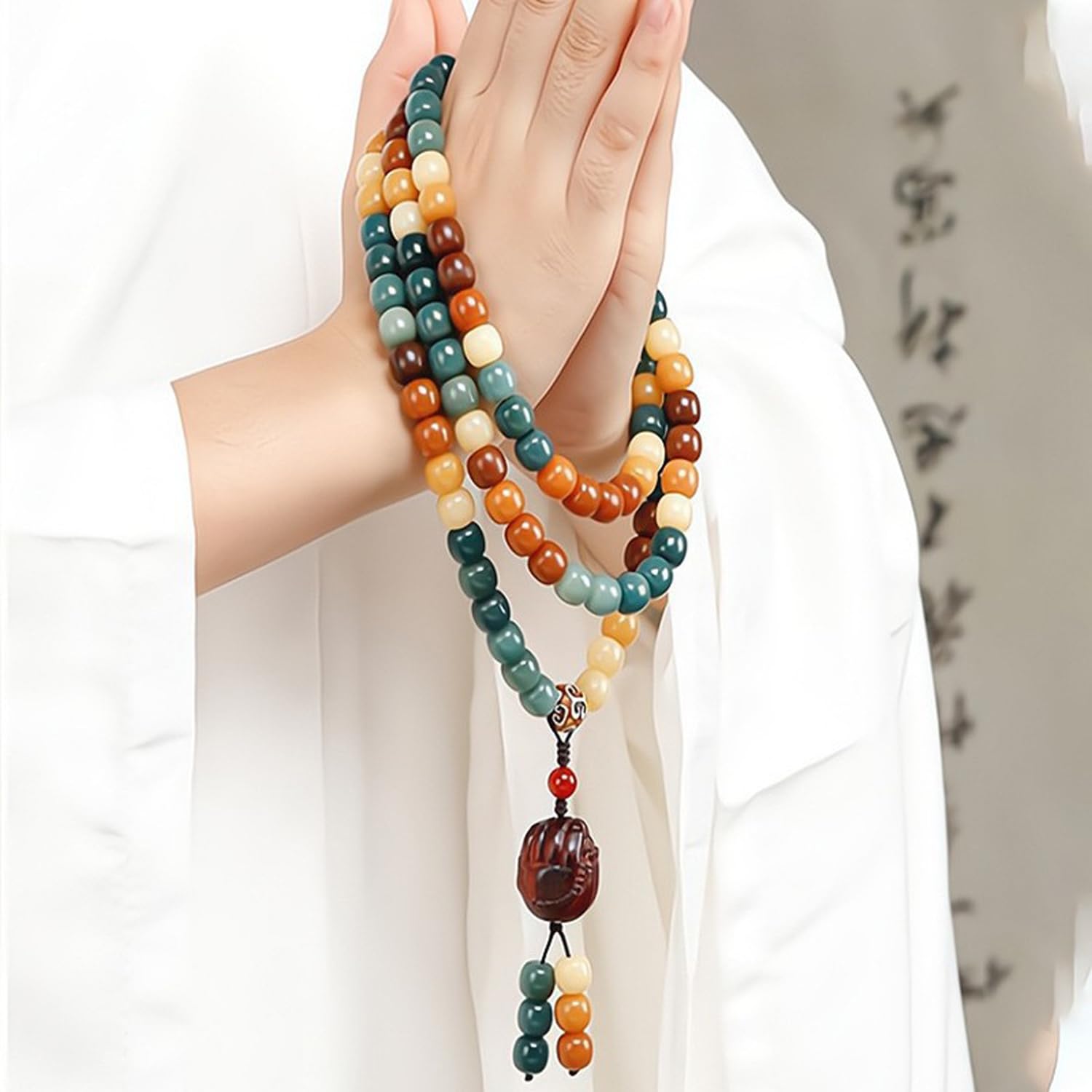 Pulsera de Cuentas Bodhi Naturales de 108 Cuentas Mala para Mujer, Collar de Cuentas de oración Budista con Manos en oración.