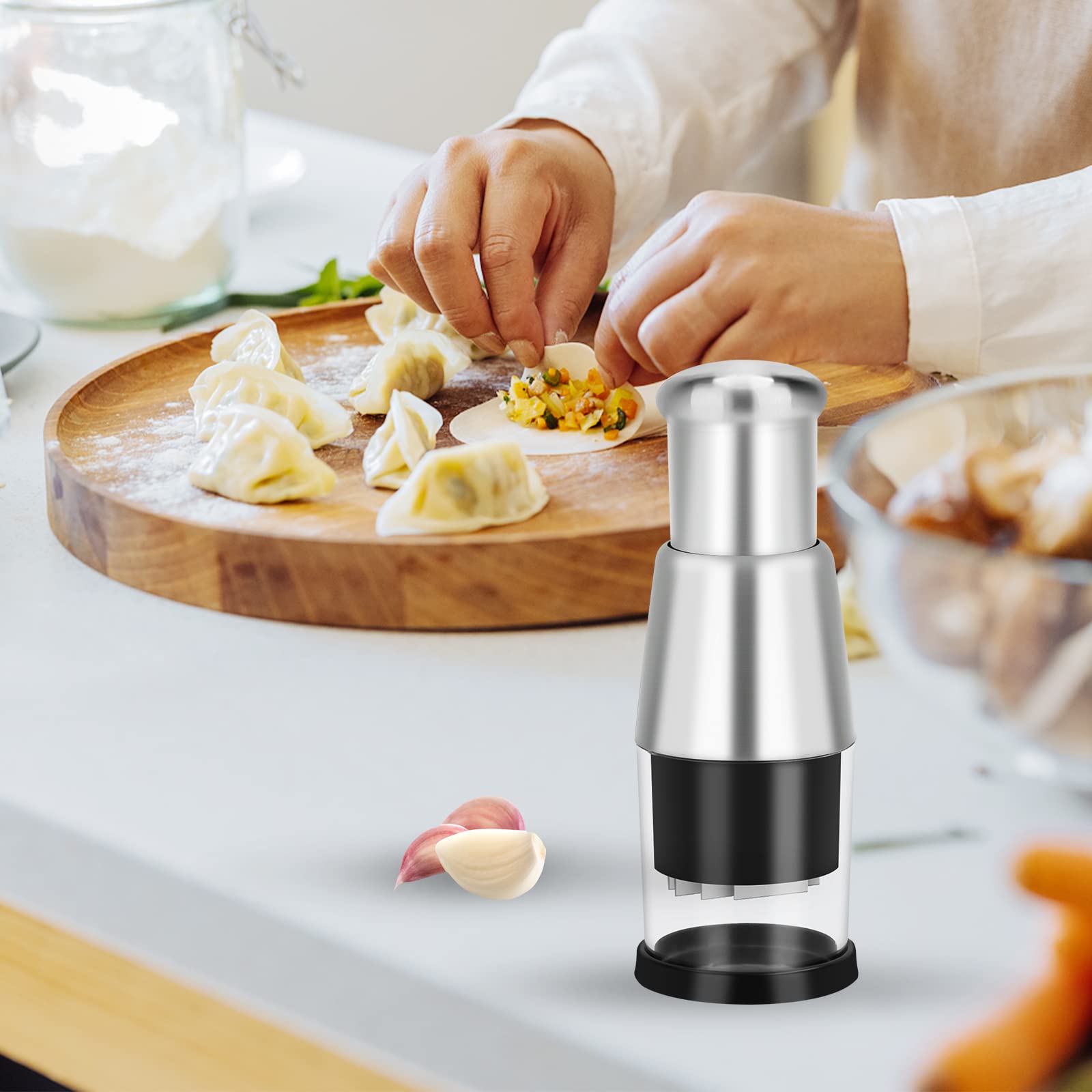 Dokeno Presse-Ail Inox, Hacheuse d'Échalote, Coupe-Oignon, Manuel à Pousser, Hachoir Gingembre, Ustensile de Cuisine pour Ail, Poivrons, Oignons - Noir