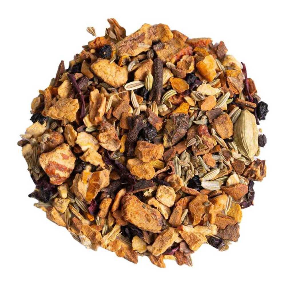 Chai Frutal Cultivo Sostenible a Granel 100 Gramos - Cultivo Sostenible - Ingredientes Naturales: Anís, Baya de Saúco, Canela, Cardamomo, Clavo, Cúrcuma, Hibisco, Hinojo, Jengibre, Manzana, Regaliz.