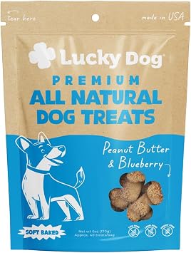 Lucky Dog Peanut Butter & Blueberry Dog Treats - Soft Baked - 6 Oz - Clover Shaped, with Flaxseed and Coconut Oil, Made with Real Peanut Butter and Blueberries, Oven Baked, Made in USA