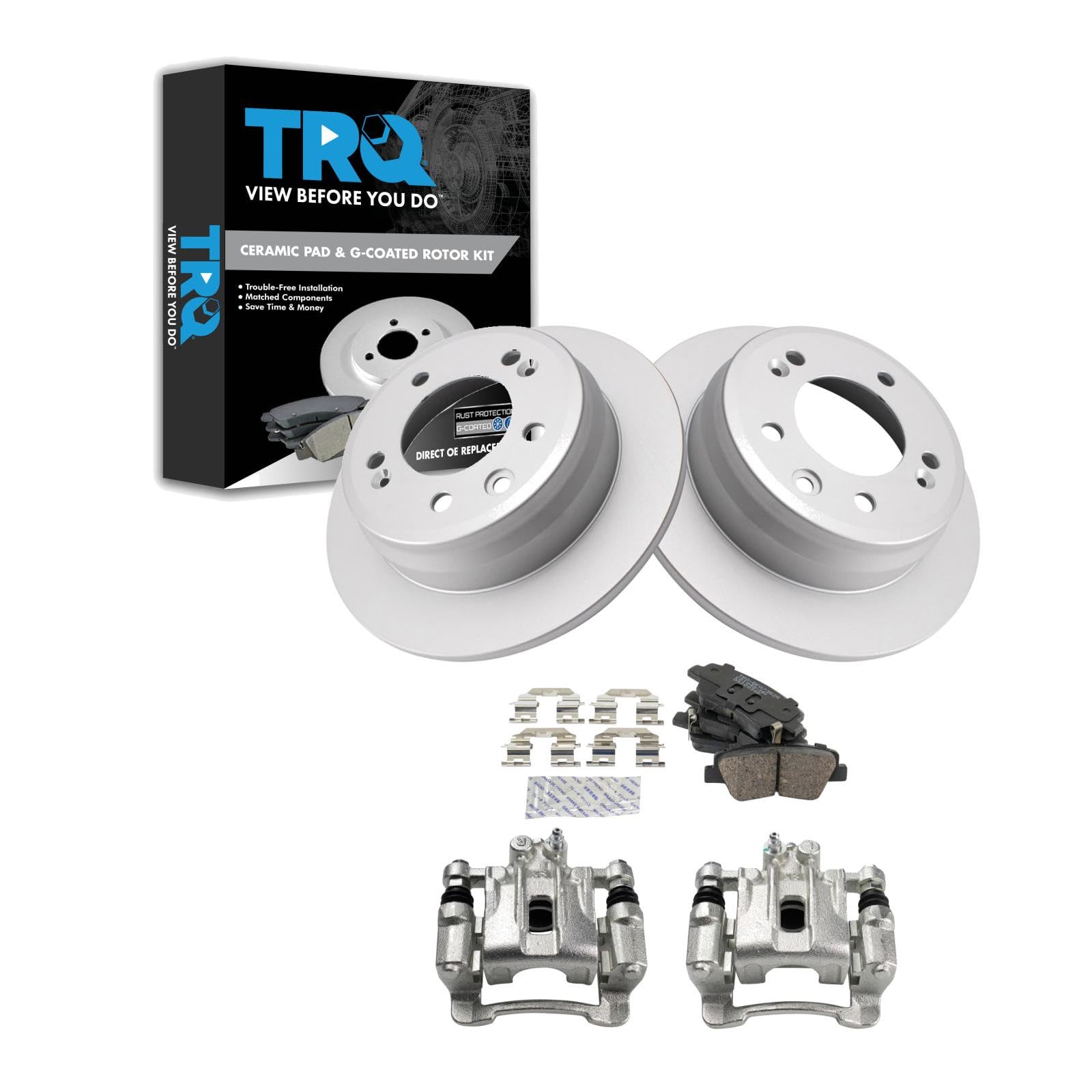 TRQ Rear Brake Pad and Rotor Set Ceramic G Coated Rotors Calipers