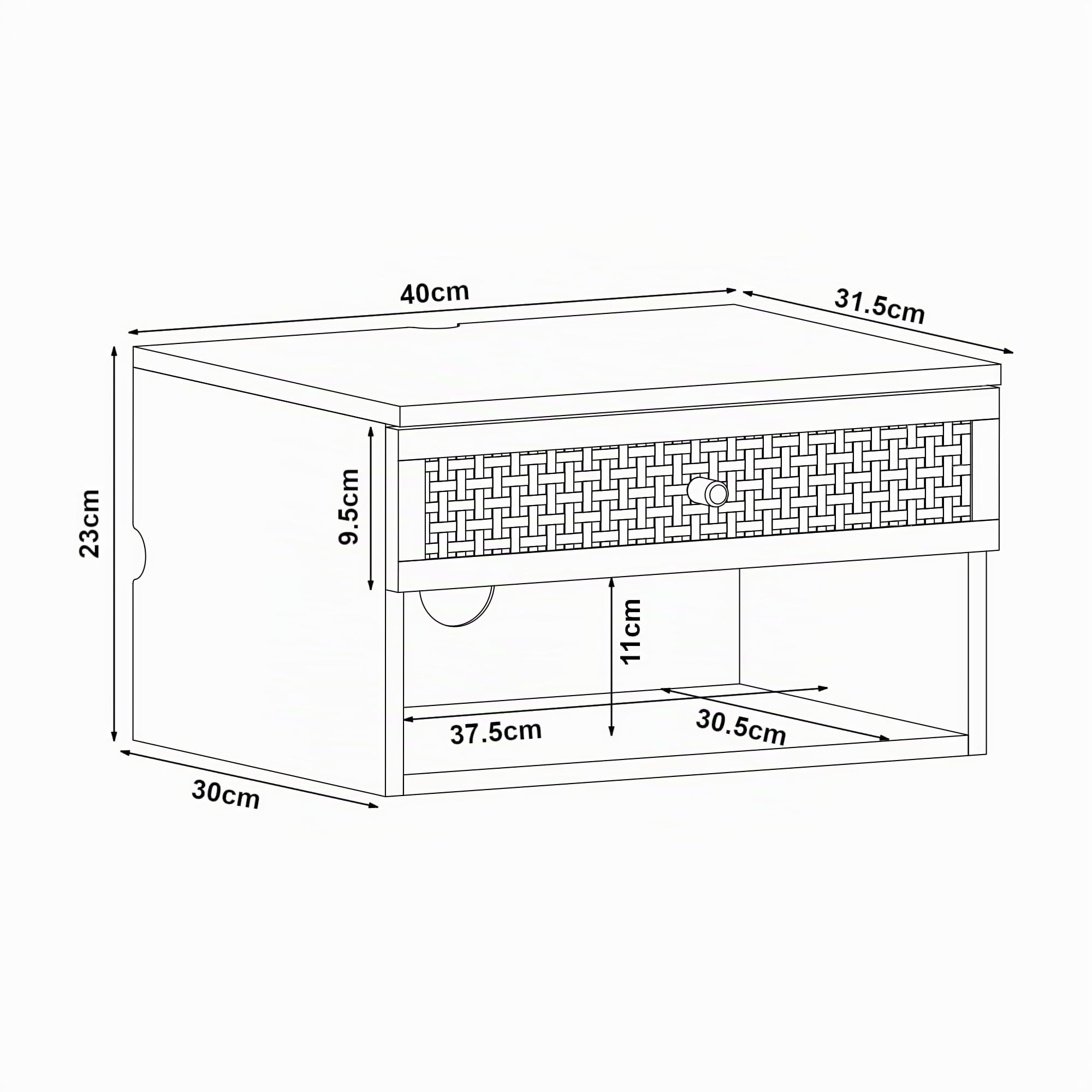 [en.casa] Comodino da Parete con Cassetto e Scomparto Aperto Consolle a Muro con Foro Passacavi Mobiletto Sospeso da Ingresso Soggiorno 40x32x23 cm Effetto Rovere/Rattan