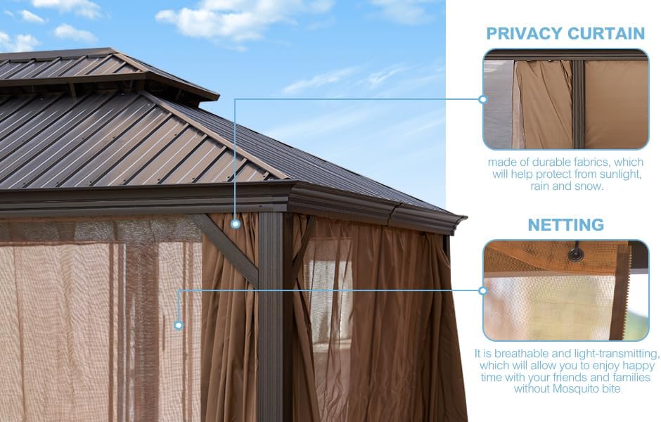 Miniatura 9 de Gazebo de 12 pies de 12 pies, glorieta de aluminio con toldo de acero, toldo permanente para exteriores para patio, jardín, patio trasero