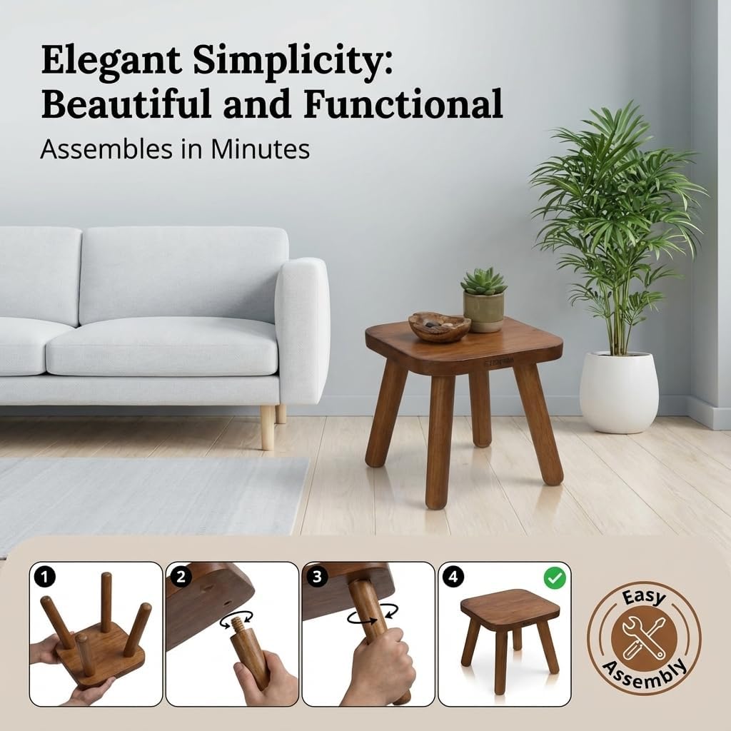 STORE INDYA Wooden Step Stool for Adults Non Slip Small Wooden Square Portable Foot Stool with Detachable Legs, Eco Friendly Mango Wood