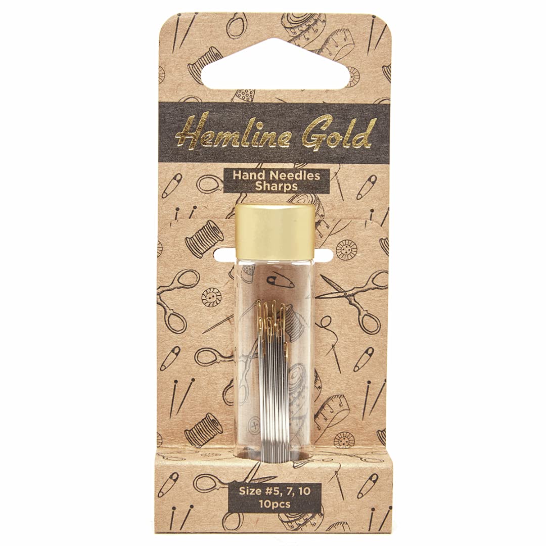 Hemline Gold Hand Sewing Needles: Premium: Sharps: Sizes 5-10: 10 Pieces