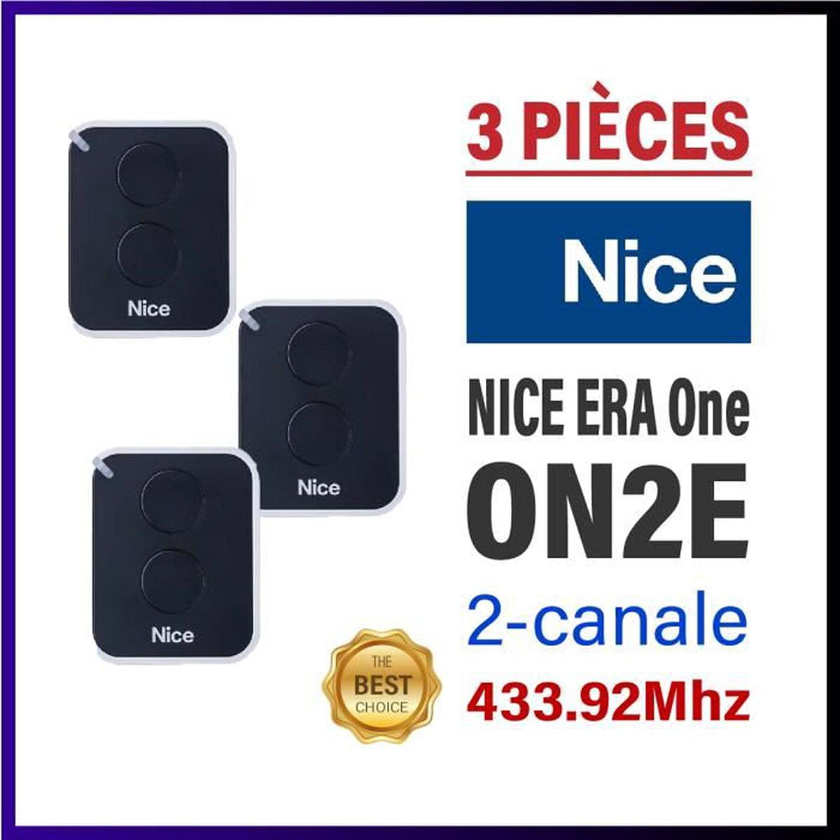 Lot de 3 télécommandes Nice ON2E - 2 canaux, 433,92 MHz, Rolling code - Portail, garage
