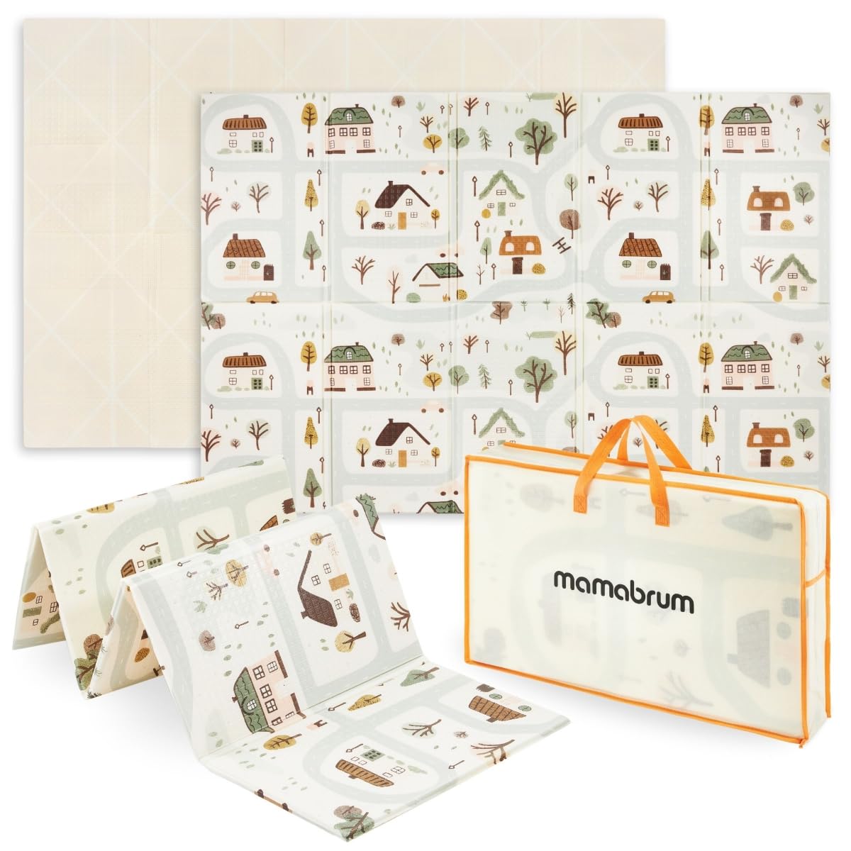 Mamabrum Alfombra Infantil de Juegos Acolchada 180 x 120 cm - Colchoneta Doble Cara para Niños - Plegable, Antideslizante e Impermeable - Diseño Ciudad/Beige - Espuma XPE Segura