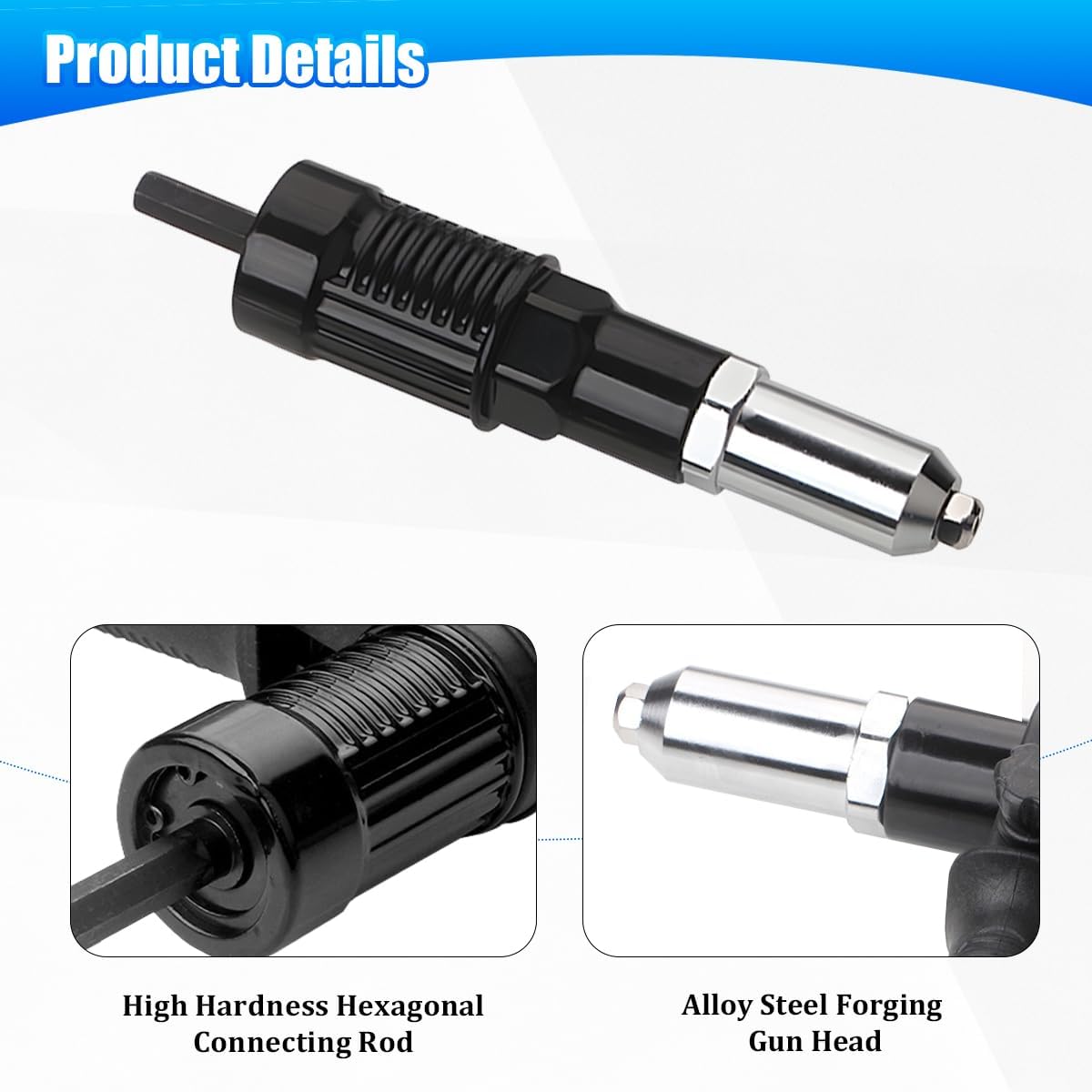 Car Pop Rivet Gun Adapter, Vehicle Cordless Riveter Drill Adapter Kit with 4 Rivet Heads 2.4 3.2 4.0 4.8mm, Auto Electric Rivet Nut Gun Riveting Tool, Universal for SUV Sedan Truck