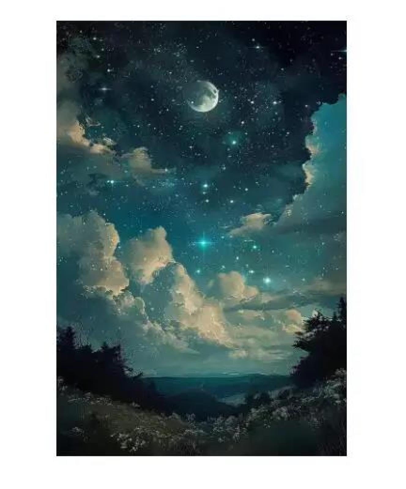 Yocheng Fantasy Artwork Room Decor Celestial Night Court Starry Village Skyline Printable Poster Night Moon Star Wall Art Poster 50x70cm No Frame