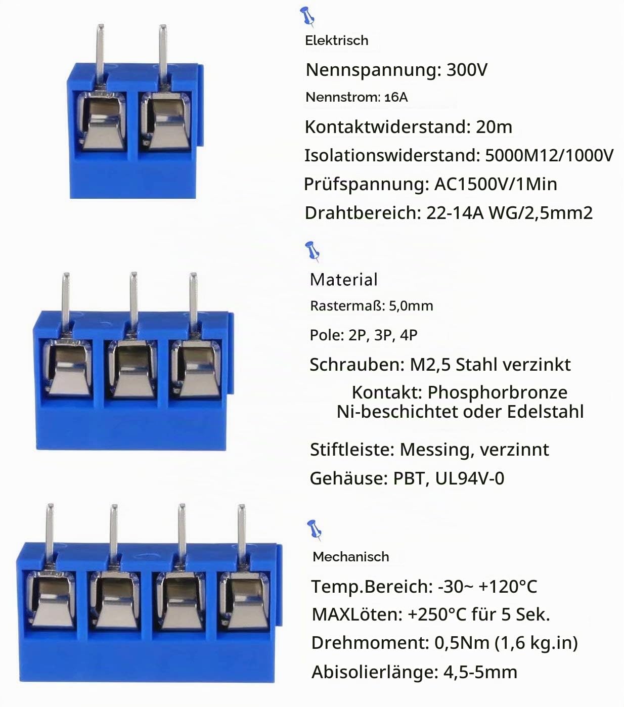 50 Stück PCB-Schraubklemmenblock – 2,54 Mm Pitch, 2/3/4 Pin, 150 V, 6 A, 18-26 AWG, Blau, Für Arduino/Raspberry Pi