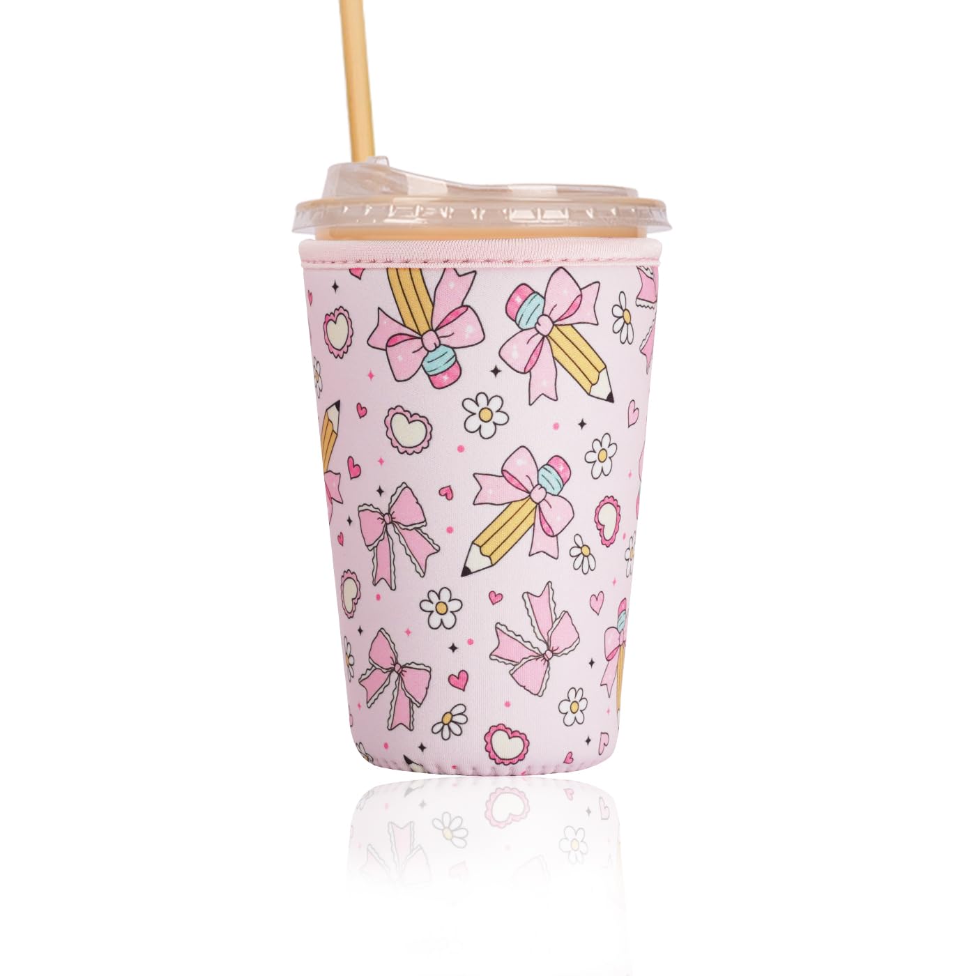 Reusable Insulated Sleeve for Iced Coffee Cup, Coffee Neoprene Sleeve for Cold &amp; Hot Drinks, Beverage Holder for Iced Coffee (Pencil Bows, Medium: 22-24oz)