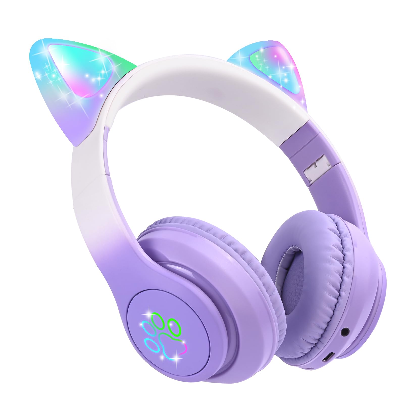 Kids Wireless Headphones LED Light up Cat Bluetooth Headphones, Color Changing Cat Ear Wireless Headsets with Microphone for Kids/Girls/School/Christmas (Purple Pro)