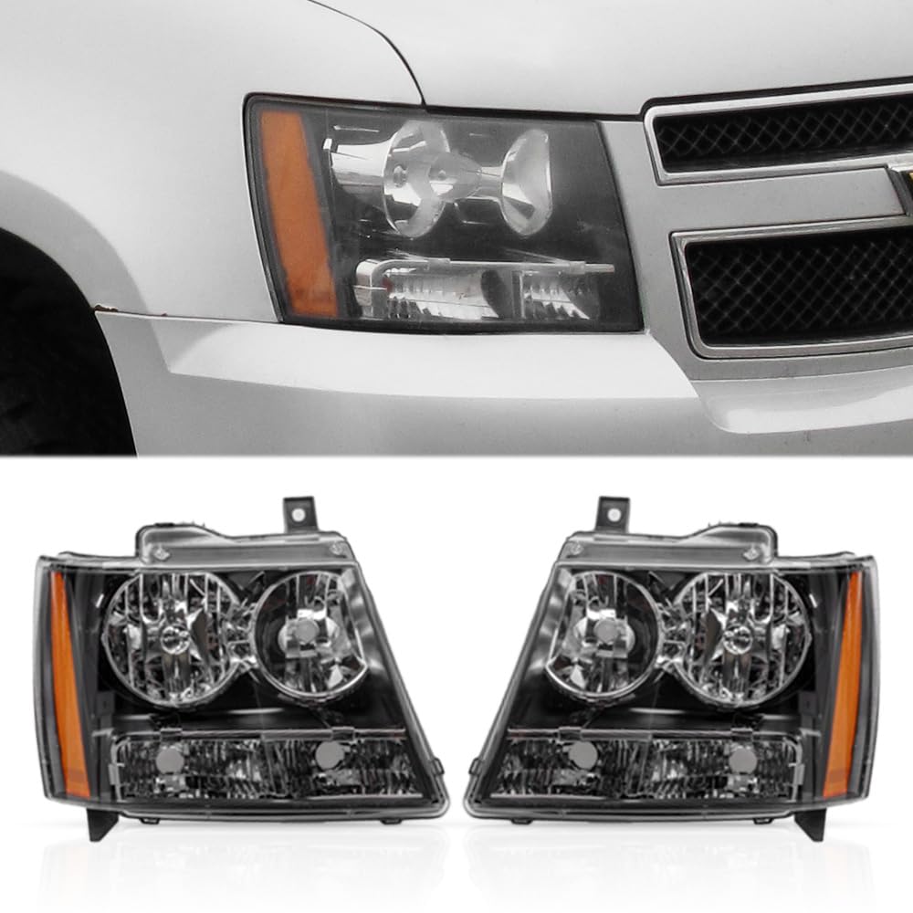 TRIBLE SIX 2pcs Set Headlight Assembly Headlamp Replacement for 2007-2014 Chevrolet Suburban Tahoe Avalanche Black Housing Amber Corner Left and Right GM2502263 GM2503263