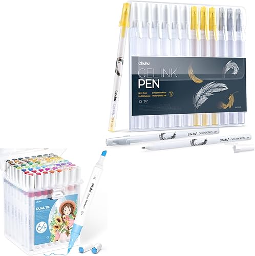 Ohuhu Bolígrafos de gel y marcadores para colorear de color blanco dorado plateado 64 colores