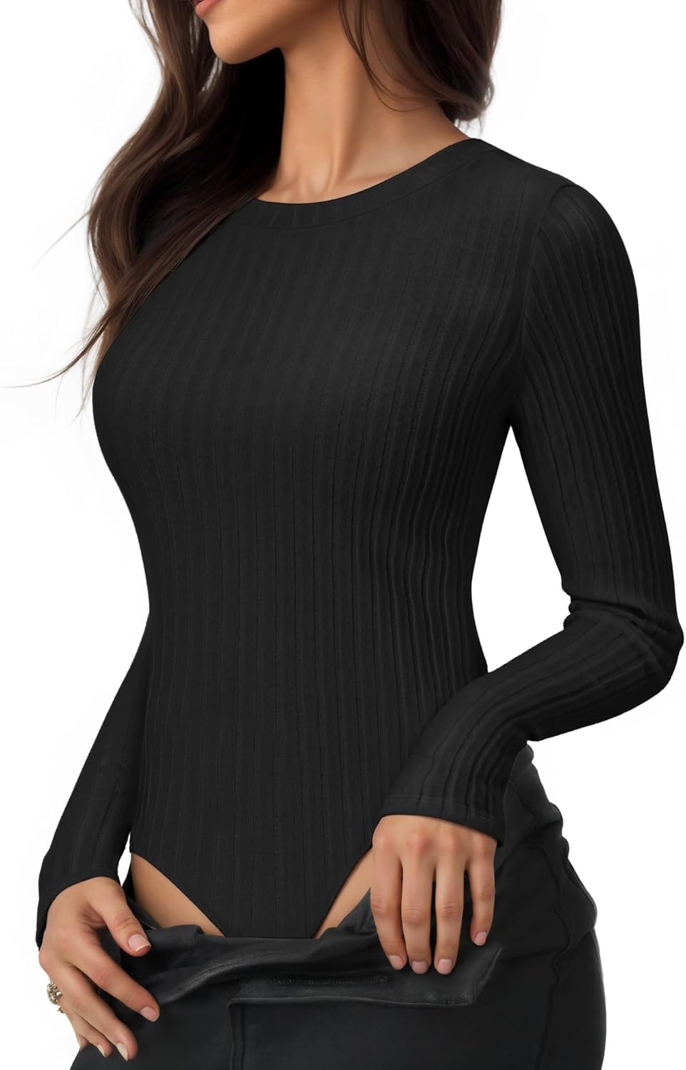 MANGOPOP Women's Long Sleeve Bodysuit Crew Neck Sweater Slim Fitted Body Suit Thermal Fleece Ribbed Knit Fall Tops 2025 - Image 2