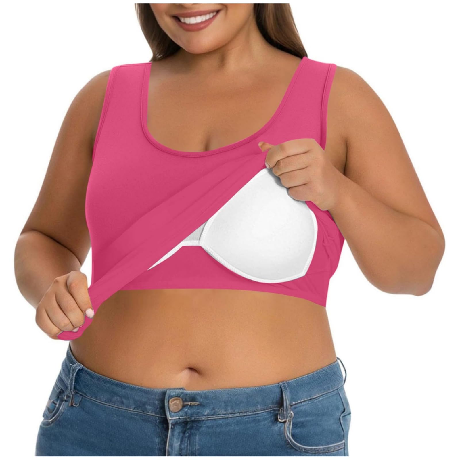 Tank Top Damen BH Hemdchen Ohne Bügel,U Ausschnitt Ärmelloses Shirt Einfarbig Yoga Trägertop,Sommer Oberteil Große Größen Unterhemd mit BH Integriert,Lässige Sporttop Basic Achselshirt für Frauen