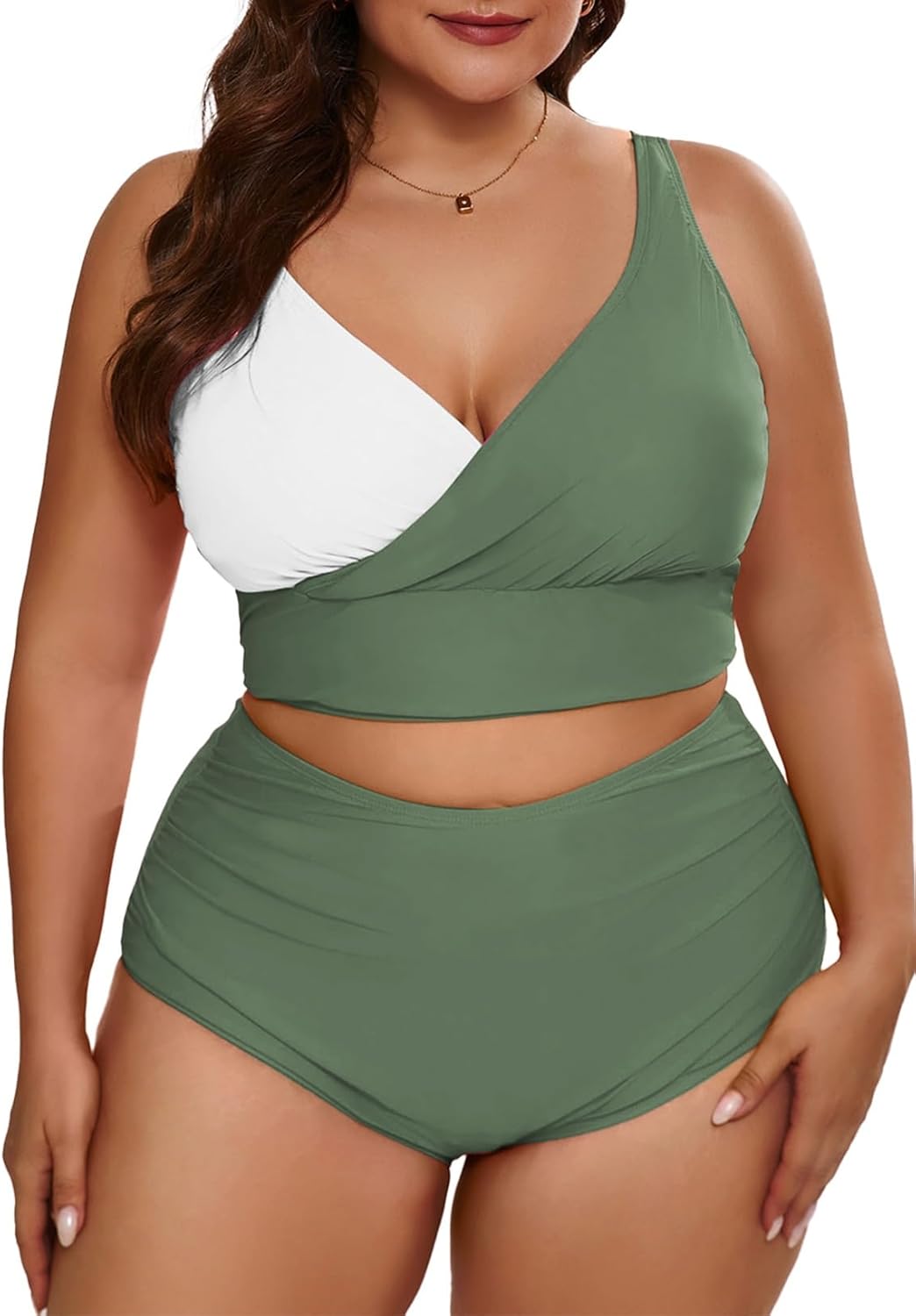 Eytino Womens Plus Size Bikini Sets High Waisted V Neck Bahting Suits Two Piece Color Block Swimsuits(1X-5X)