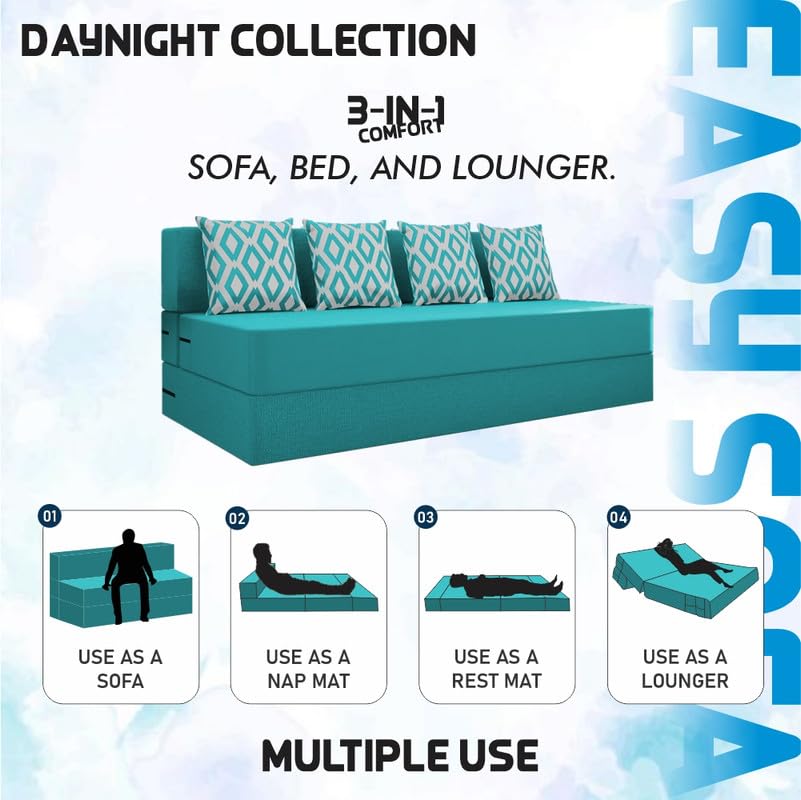 Image of Adorn India Easy 4 Seater Sofa Cum Bed (Rhombus Pattern) Size 6' X 6' Ft (Aqua Blue Color) Perfect for Home & Office for Guests (1 Year Warranty)