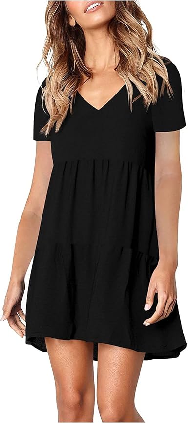 Amazon.com: Vestido de manga corta con volantes para mujer, vestido casual  con cuello en V y columpio, mini vestido suelto para mujer, vestido negro  midi : Ropa, Zapatos y Joyería