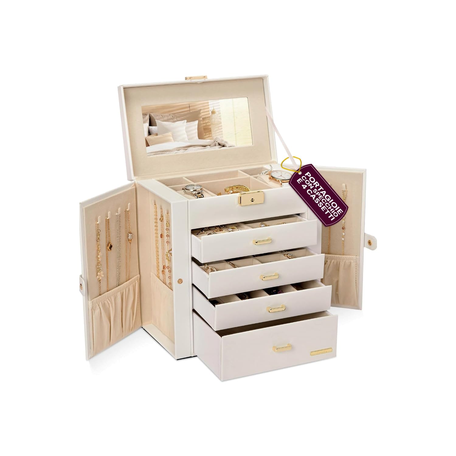 Avilia - Portagioie Moderno Donna Funzionale, Specchio Integrato, 4 Cassetti, Organizer Capiente e Antigraffio con Scomparti Regolabili, Ideale come Regalo Elegante