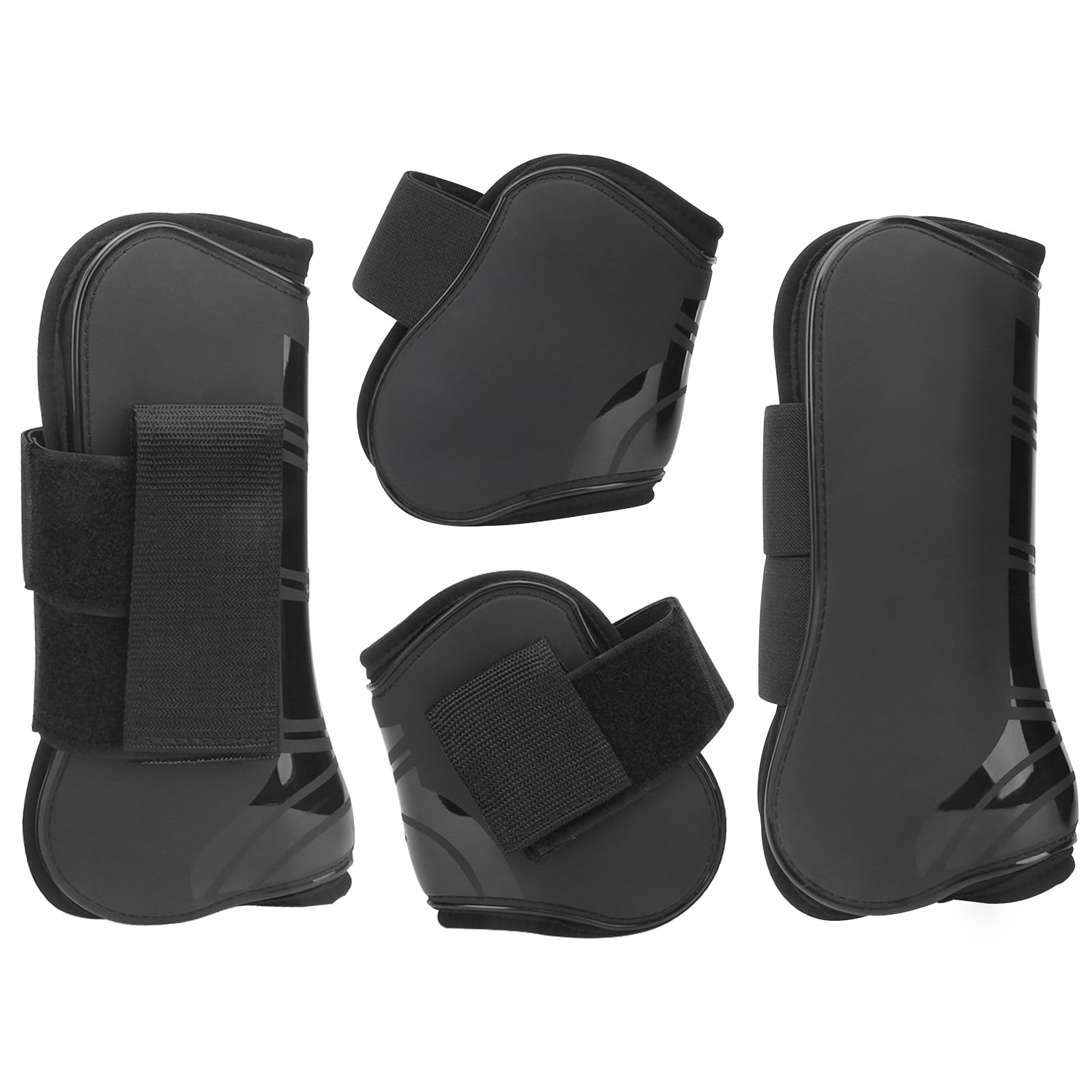Polainas Caballo Juego de 4, Polainas y Fetlock Botas PU-Shell Neopreno Forro Polainas de Salto Polaina Caballo Polaina Pony Vendas Caballo para Salto, Equitación, Eventos, Doma Clásica, L, Negro