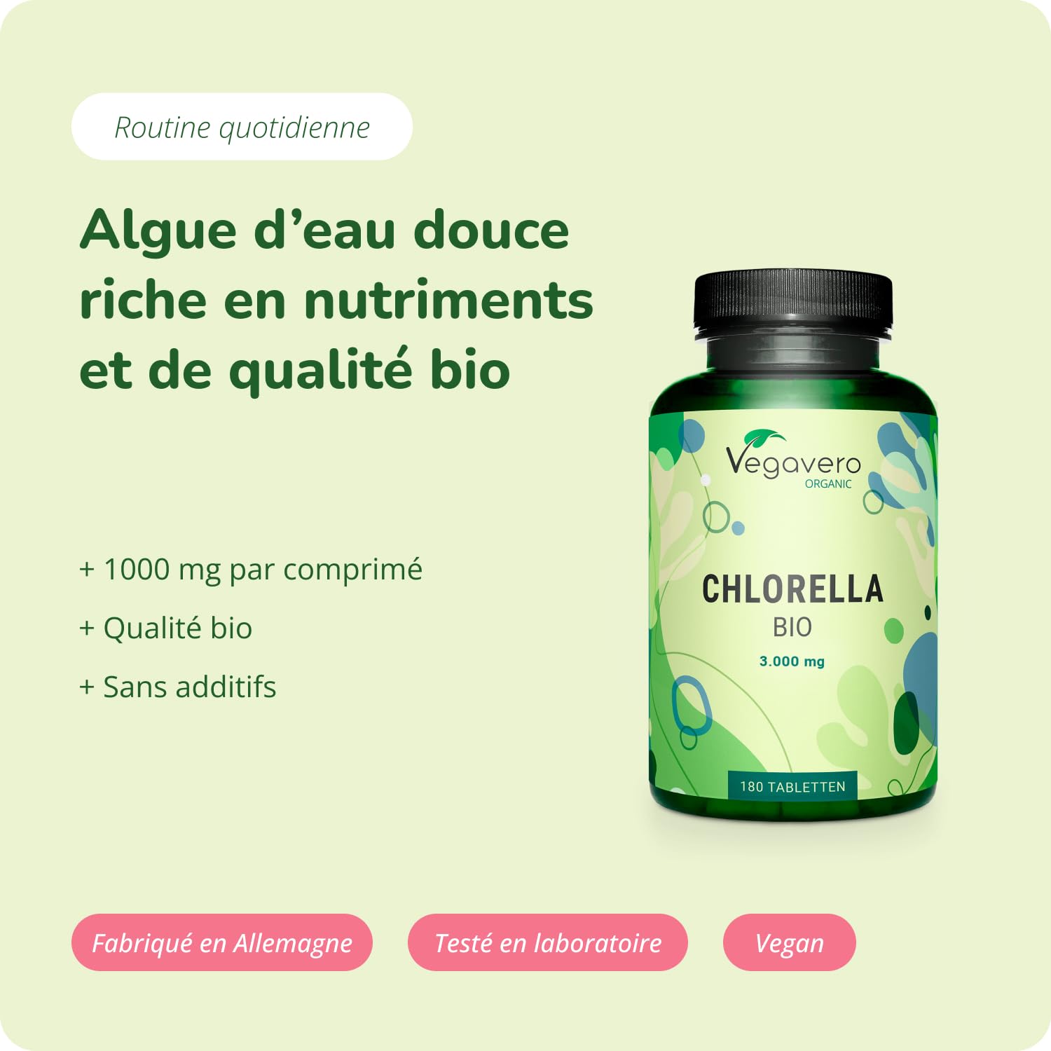 Chlorella BIO - 3000 mg | Sans Additifs & Vegan | Source de Vitamines, Minéraux et Protéines | 180 Comprimés | Vegavero®