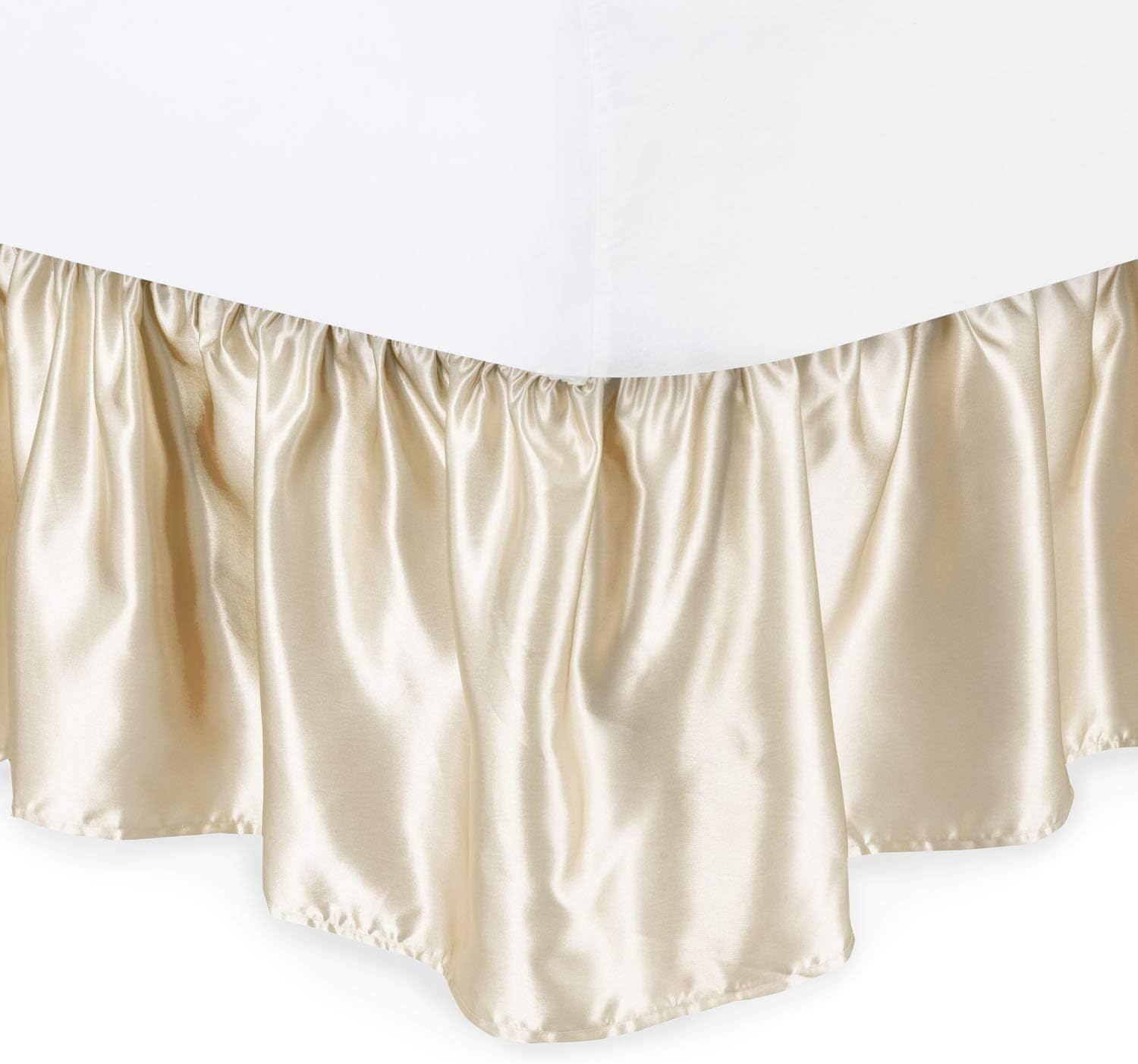Ruffled Bed Skirt with Split Corner, Three Sided Coverage with Platform, Easy Fit Silky Satin Soft Sheen & Wrinkle Free Bed Skirt, Ivory King Size Beds 24 Inches Drop Bedskirt
