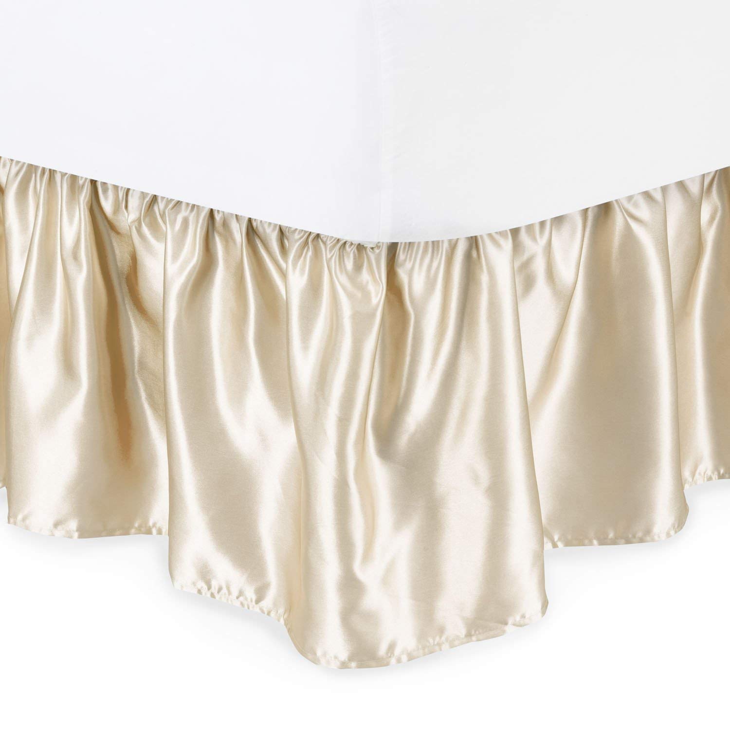 Bed Skirt - Silky Satin Dust Ruffle with Split Corners Ruffle Gathered Bed Skirt with Platform Three Sided Coverage Easy On/Easy Off 18 Inch Tailored Drop, Ivory Queen Size