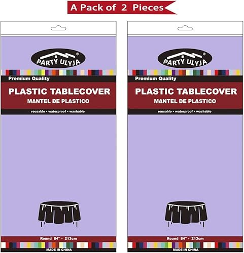 Miniatura 7 de Paquete de 2 manteles de plástico lavanda desechables color lila de 84 pulgadas, manteles circulares para despedidas de soltera, manteles PEVA malva