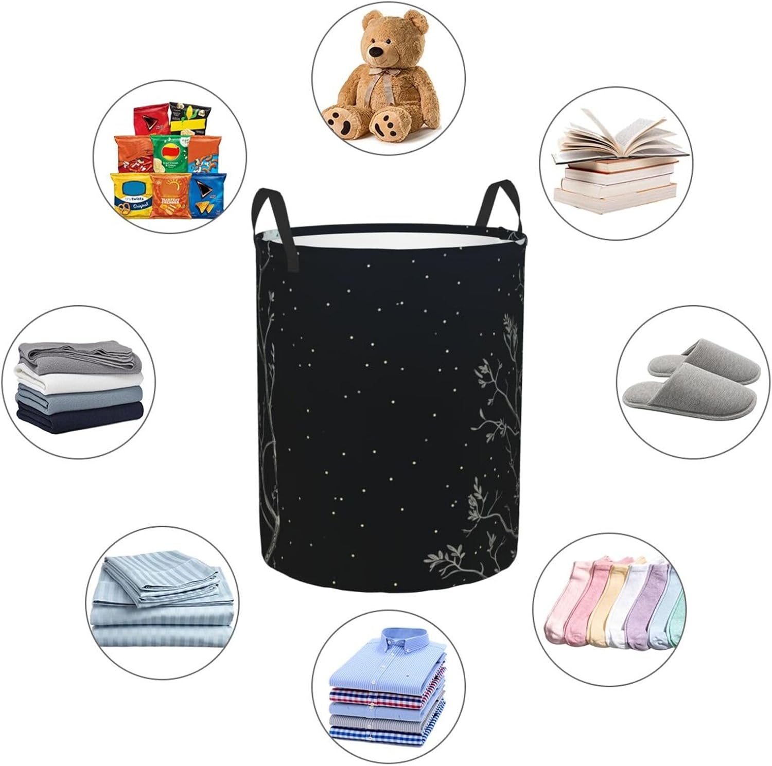 Tree branches and moon on black night sky Laundry Basket With Handles, Foldable Laundry Hamper Oxford Cloth Dirty Clothes Basket Waterproof Clothes Toys Storage Bin Organizer for Bedroom Bathroom Dorm