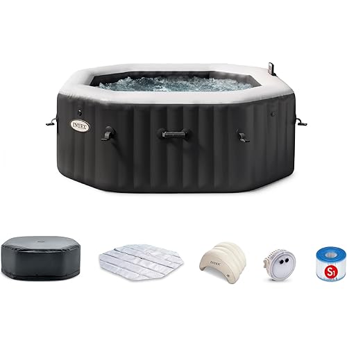 Intex 28457EP 4-Person Onyx Black Octagon Jet & Bubble Deluxe Combo Outdoor Inflatable Portable Hot Tub, Includes Energy Efficient Spa Cover, 63in x 28in