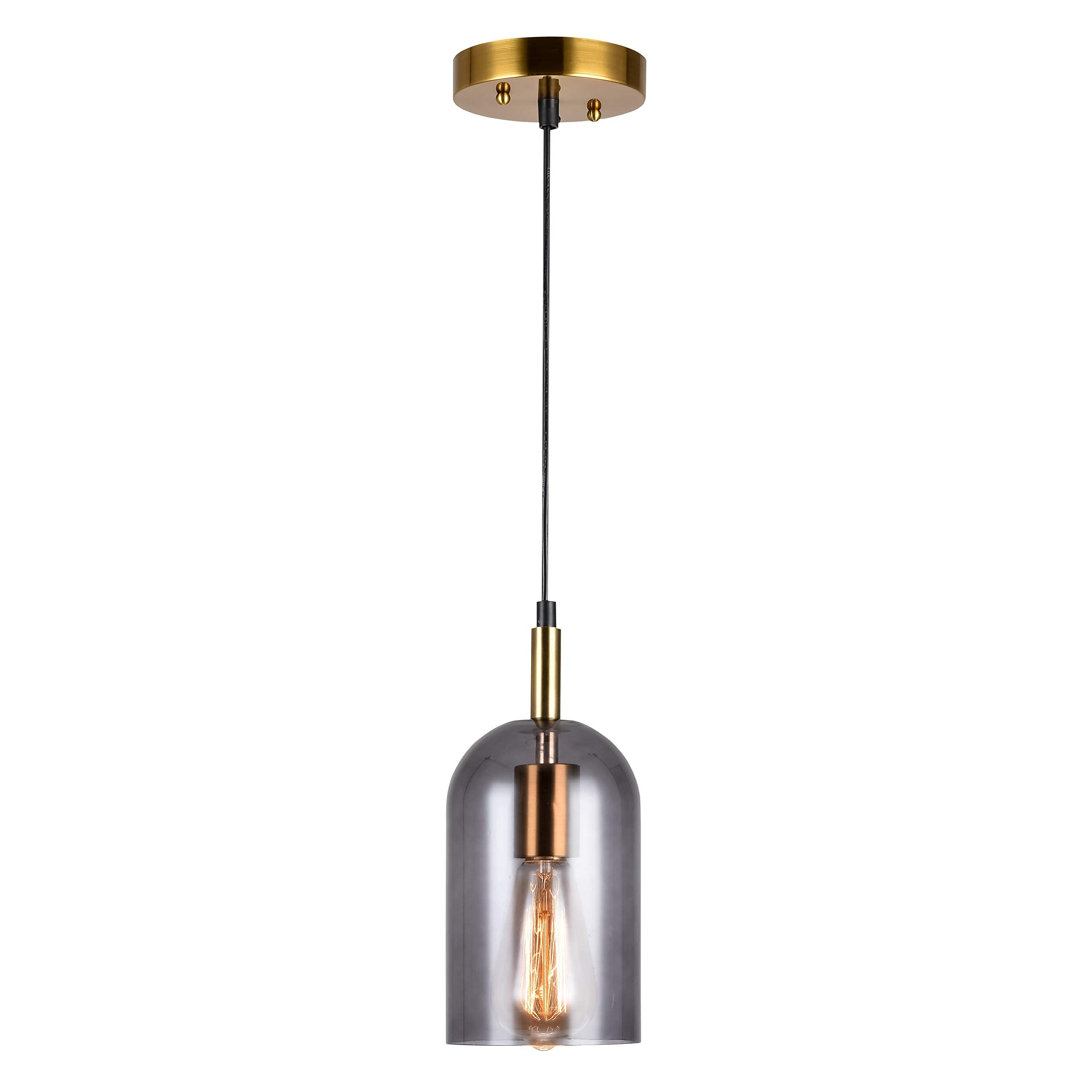 1-Light Modern Gold Mini Pendant Lighting, Adjustable Hanging Ceiling Light Fixtures with Grey Glass Shade for Kitchen Island Dining Room Living Room Bar