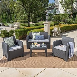 Christopher Knight Home Daytona Outdoor Faux Wicker Rattan Style Chat Set with Water Resistant Cushions, 4-Pcs Set…