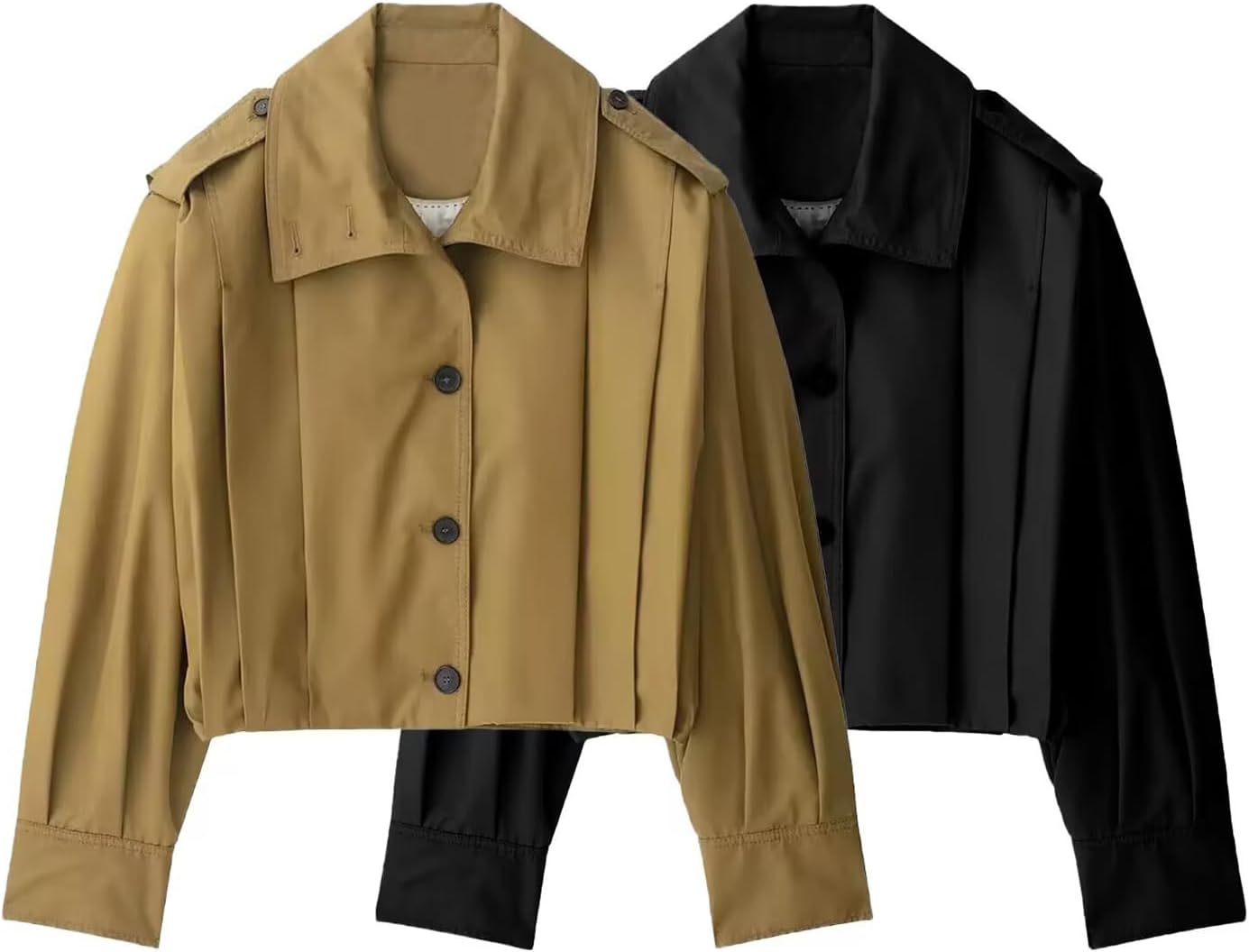 Women's Cropped Pleated Jacket Long Sleeve Collared Button Down Casual Short Trench Coat Spring Fall Outerwear