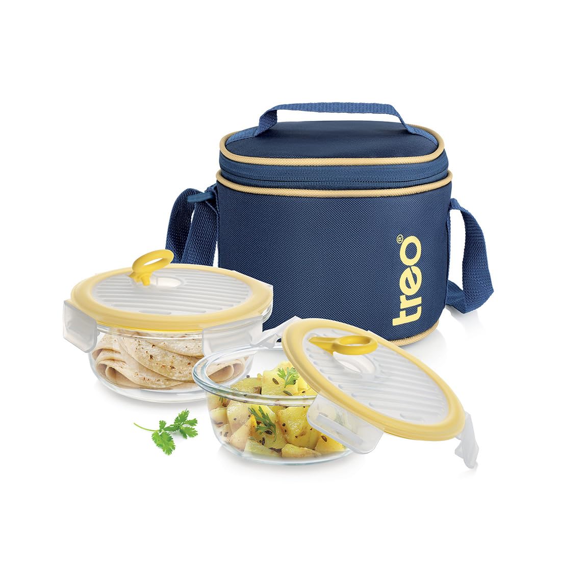 Treo By Milton All Fresh Borosilicate Glass Round Tiffin set of 2, 400 ml each, Durable Carry Jacket,Microwave & Oven Safe,Leak Proof, Air Vent Lid, Scratch Resistant, Ideal for Office, School, Travel