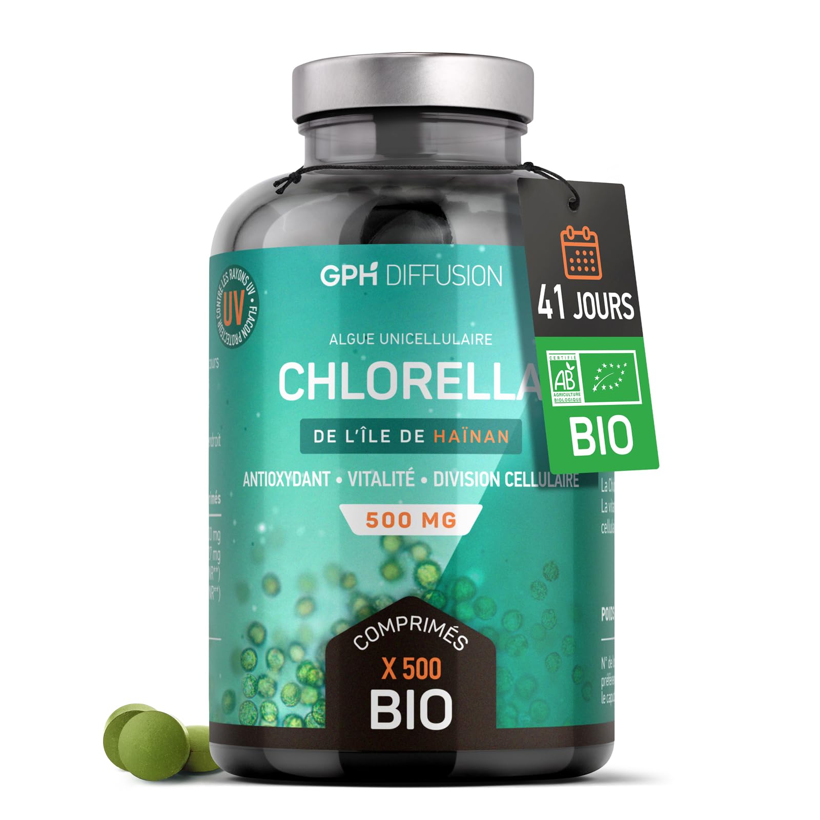 Chlorella BIO | 6000 mg/jour | Antioxydant, Vitalité | Sans Additif | 500 Comprimés | GPH Diffusion