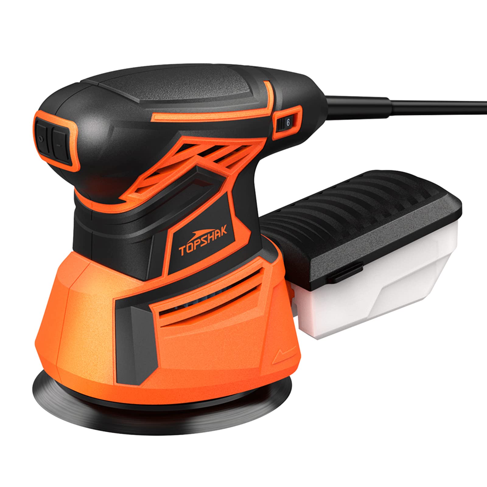 TOPSHAK Random Orbit Sander, 350W Palm Sander with 20pcs Sanding Paper, 6 Variable Speed Electric Orbit Sanders, 5 Inches Hand Sander Tool，Sanders for Woodworking, Sanding, Detailing, Finishing…