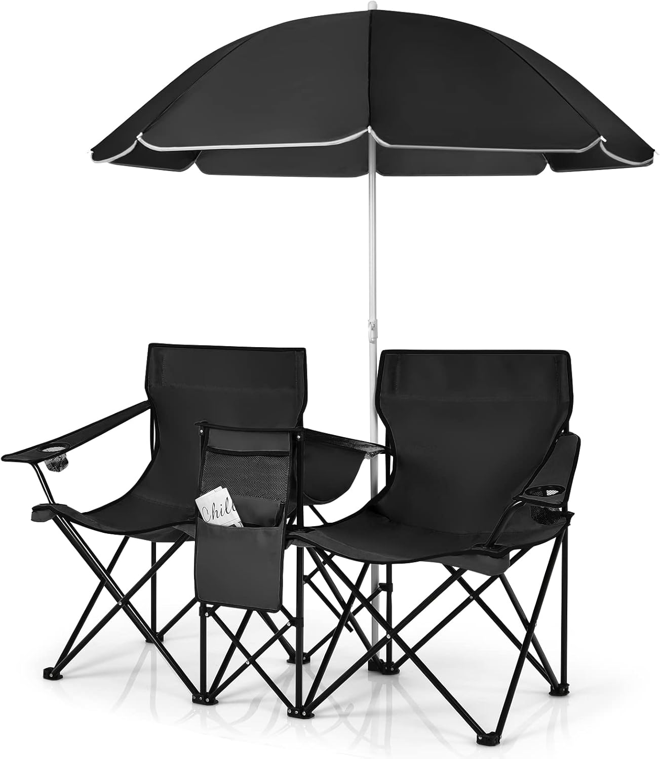 LUARANE Folding Double Camping Chair, Outdoor Picnic Chairs w/Removable Umbrella, Mini Table, Cup Holder & Carrying Bag, Portable Camping Loveseat for Patio, Pool, Lawn, Beach, Park (Black)