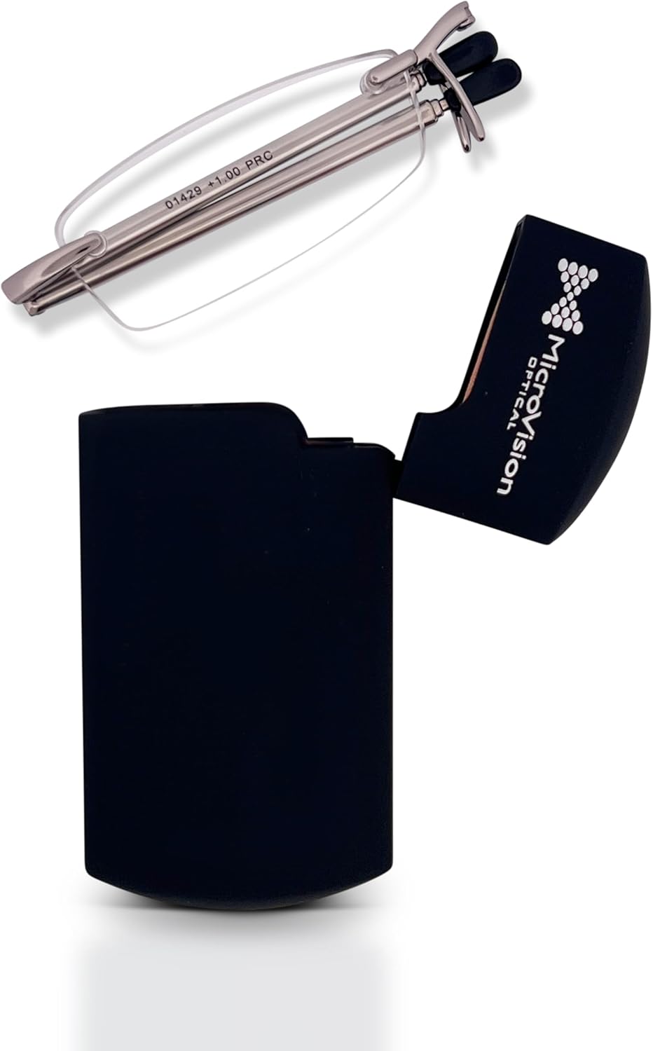 Executive Rimless Folding Reading Glasses With Compact Case For Women and Men, Slim, Lightweight Portable